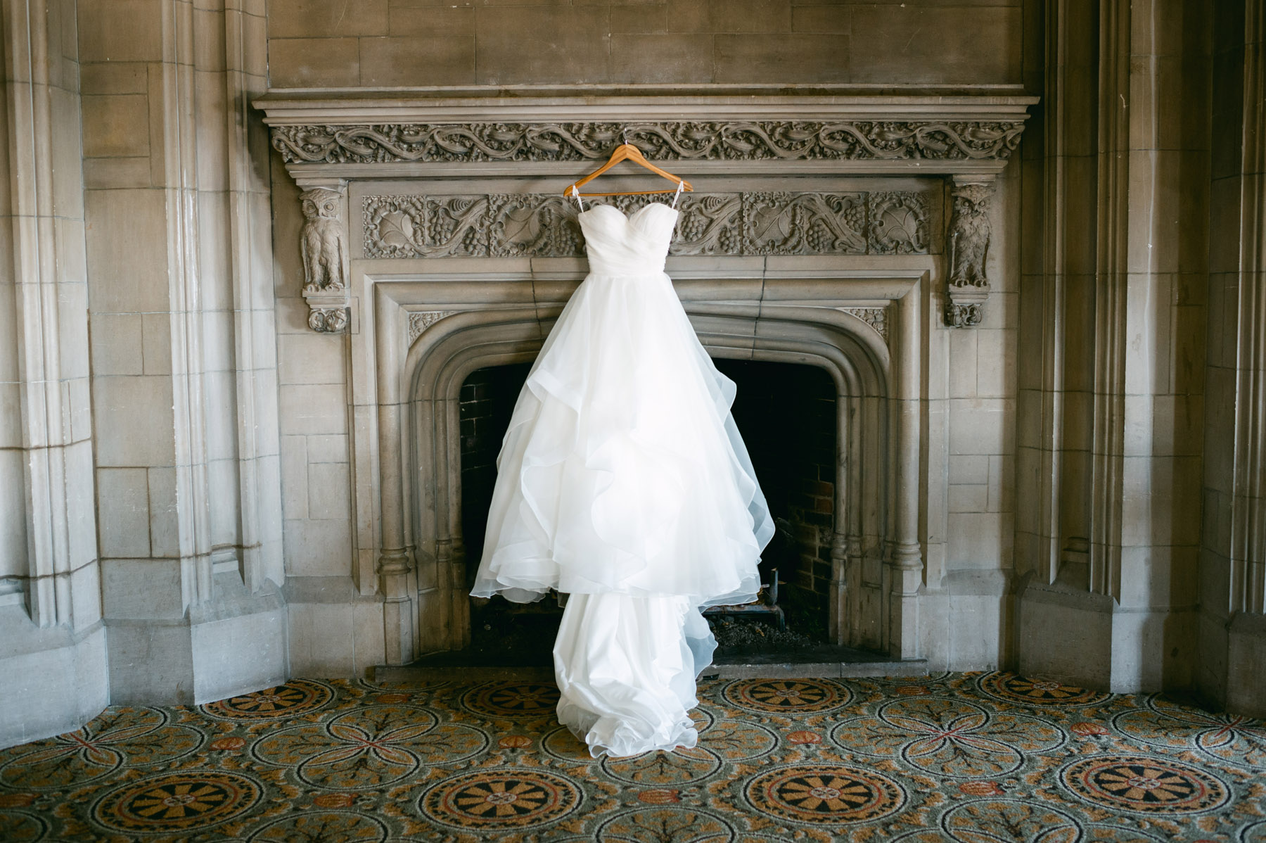 Wedding dress hanging at the University Club of Chicago