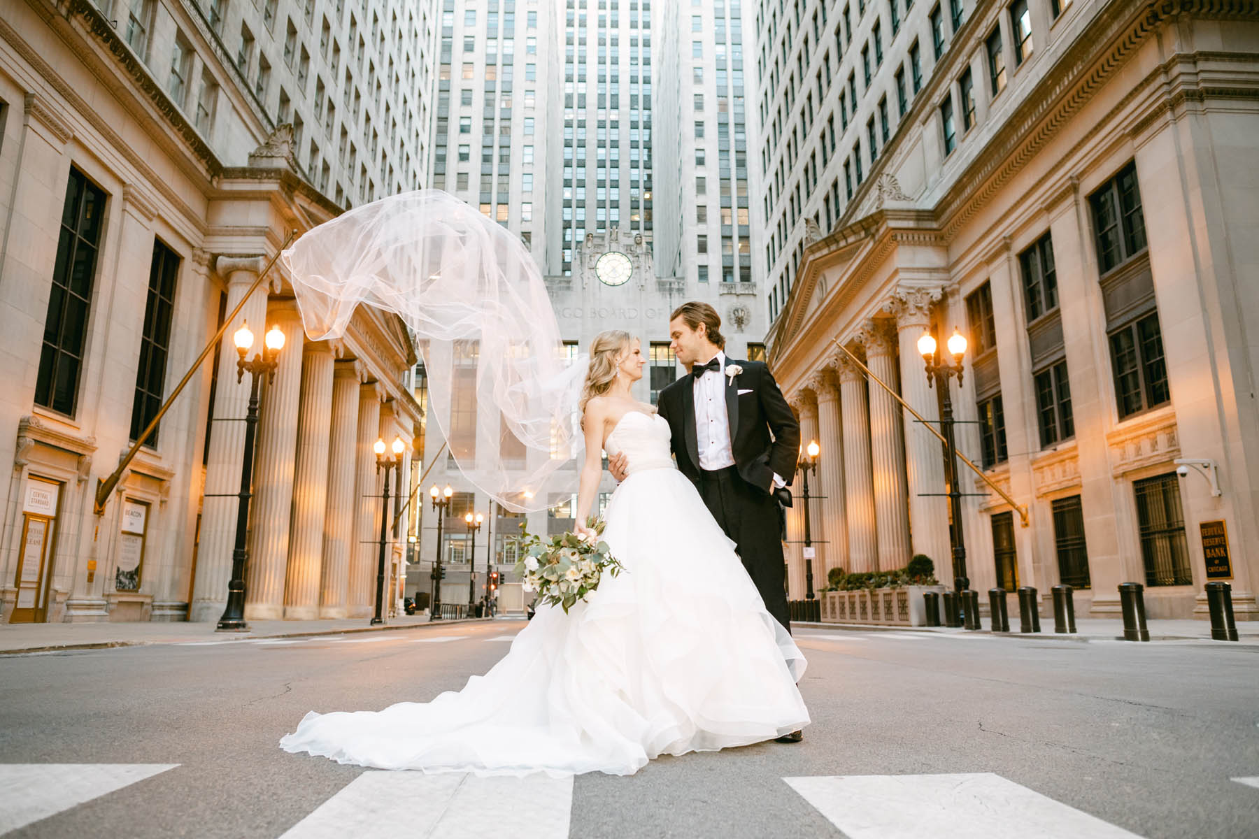 Wedding couple posing at the Chicago Board of Trade Wedding