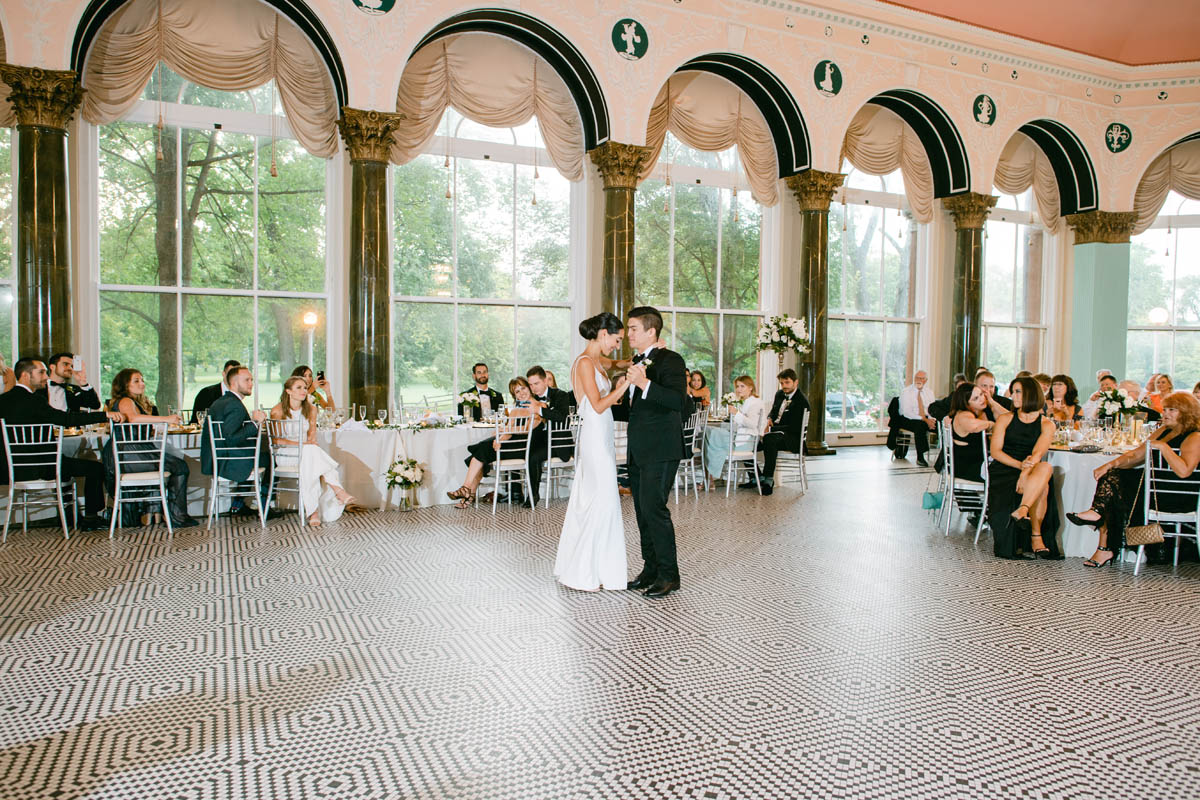 Wedding couple first dance at South Shore Cultural Center wedding.