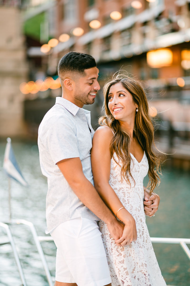 summer chicago engagement on the river white summer dress light and bright photographer