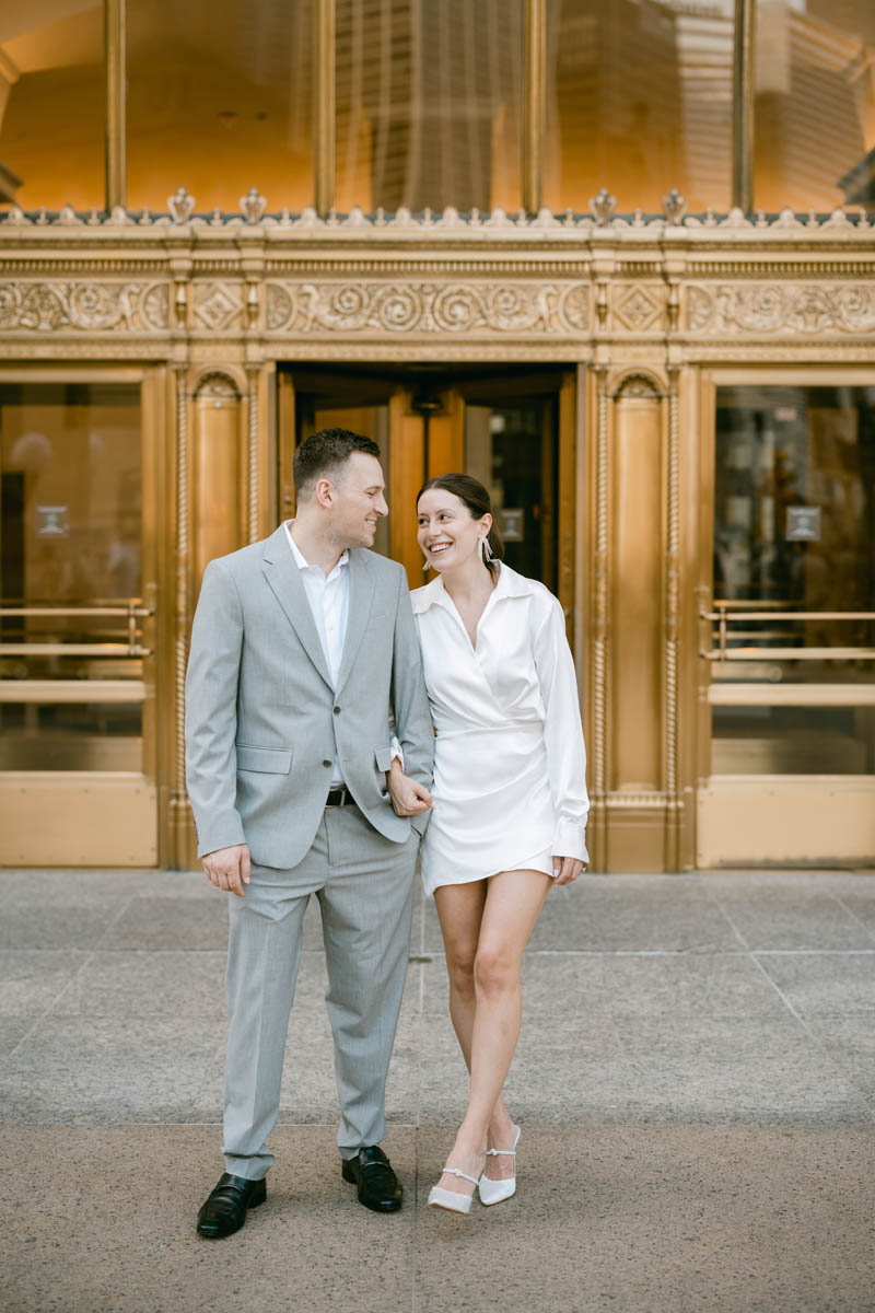 wrigley building engagement photos white engagement dress