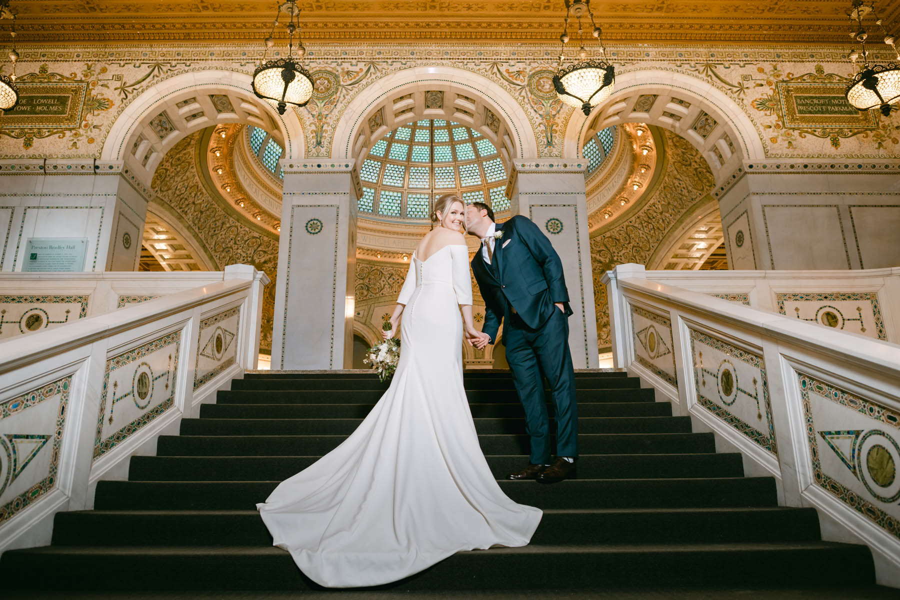 Chicago Cultural Center wedding bride and groom pose for wedding photos at Chicago Cultural Center