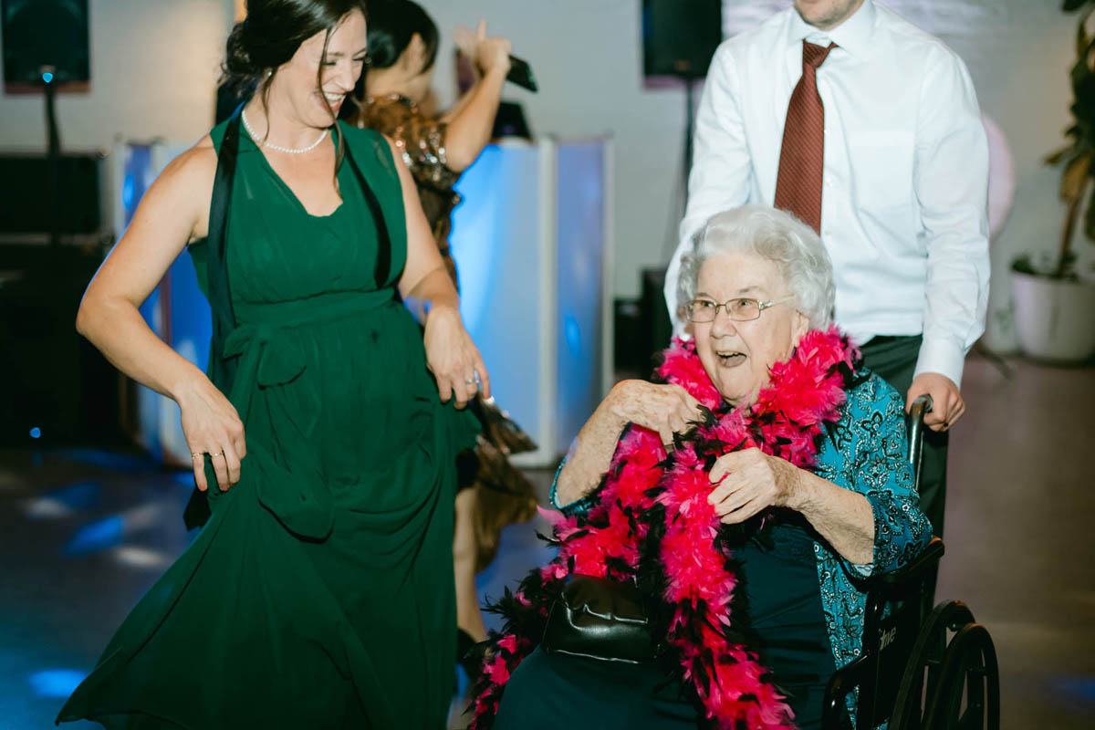 Fun grandmother dancing at Walden wedding.