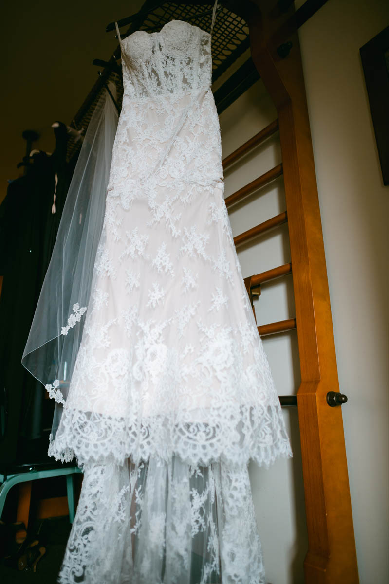 Wedding dress hanging at Chicago Athletic Association Hotel.
