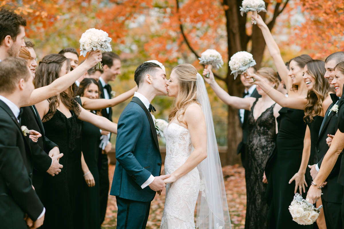 Couple kissing at Millennium Park wedding.