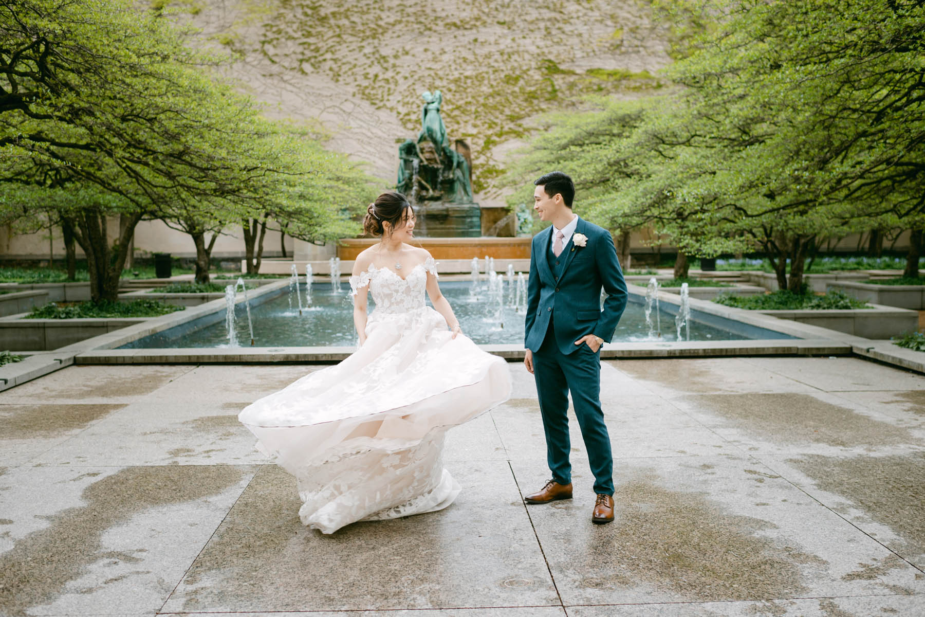 Wedding couple dancing at Art Institute Garden
