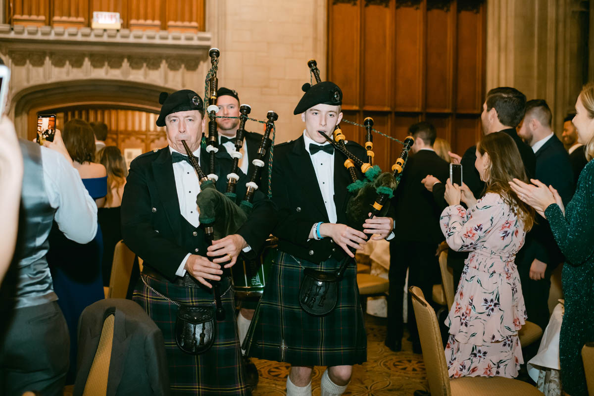Bagpipers at wedding reception at University Club of Chicago.