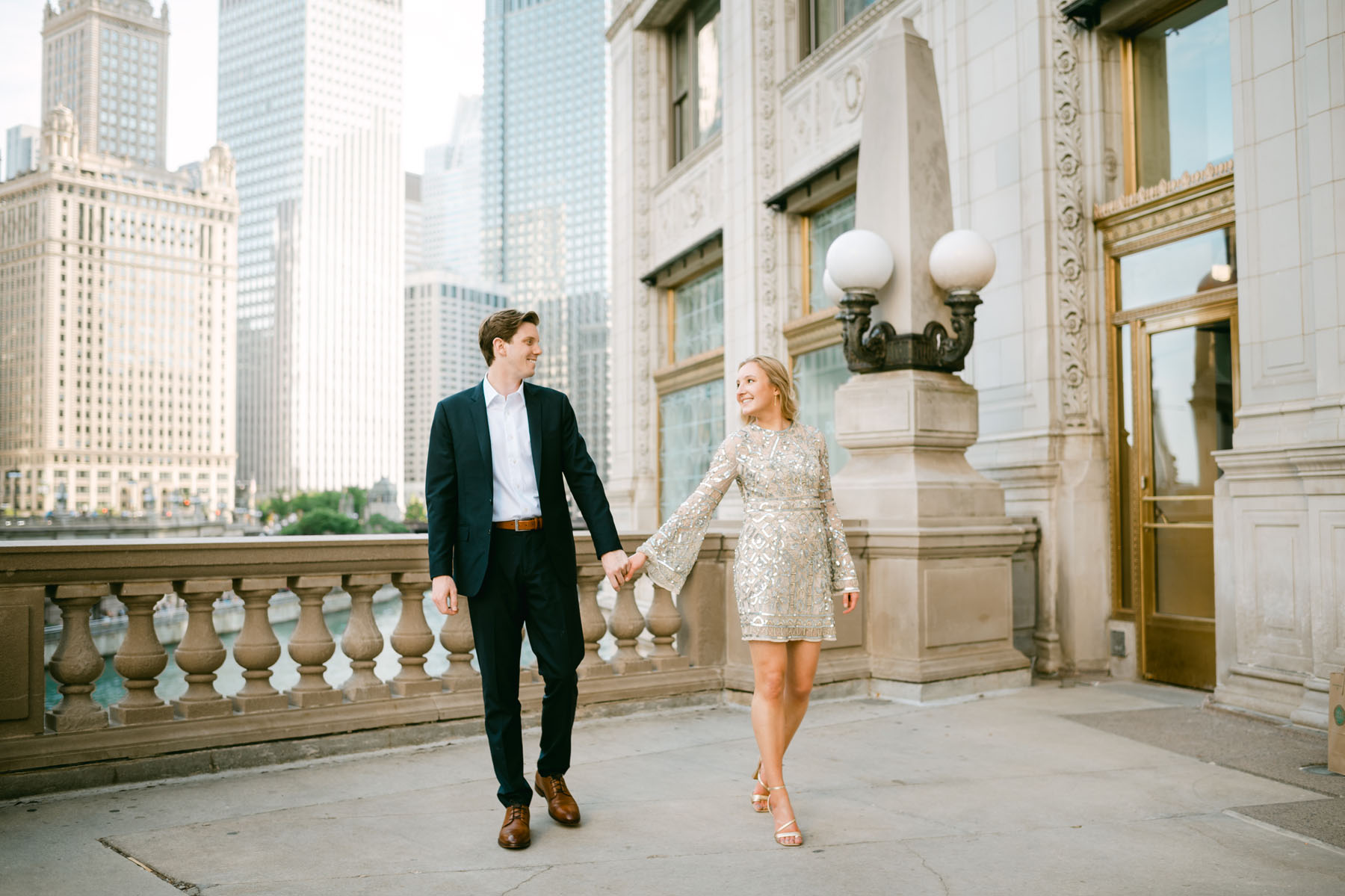 wrigley building engagement summer engagement sparkly dress