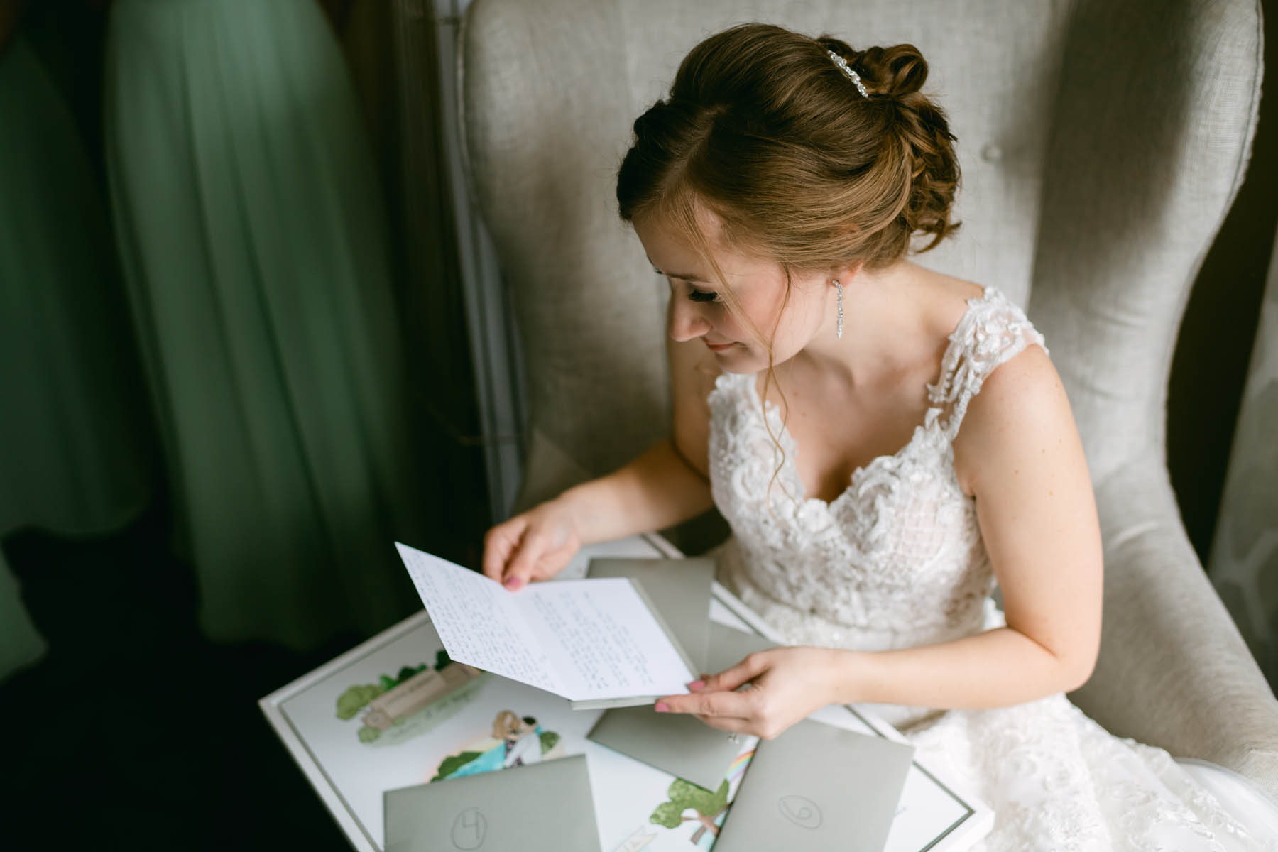 Bride opening her creative wedding gift from the groom.
