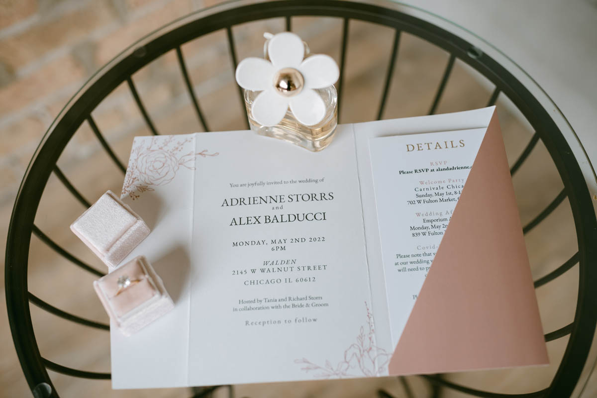 Wedding invitation on a table.