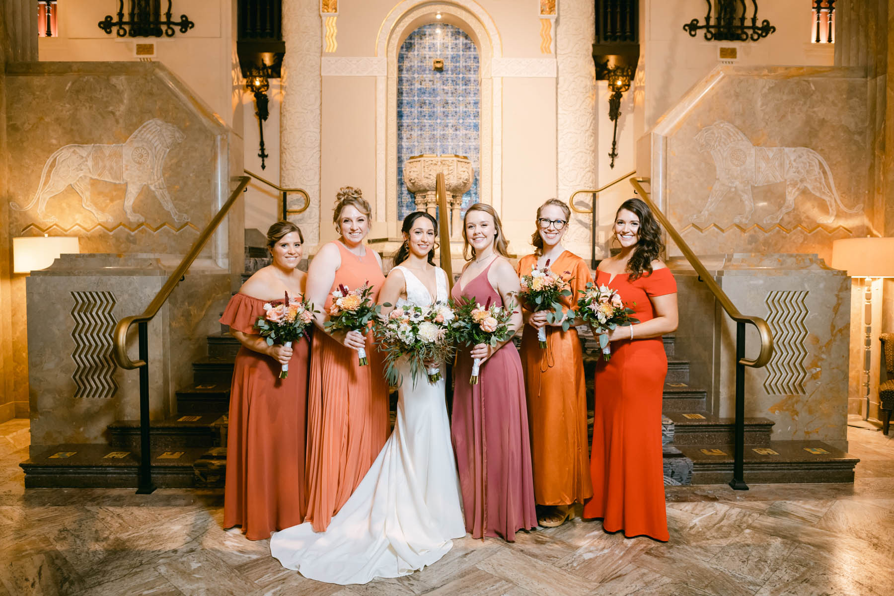 Intercontinental Hotel wedding bridesmaids in blush dresses.