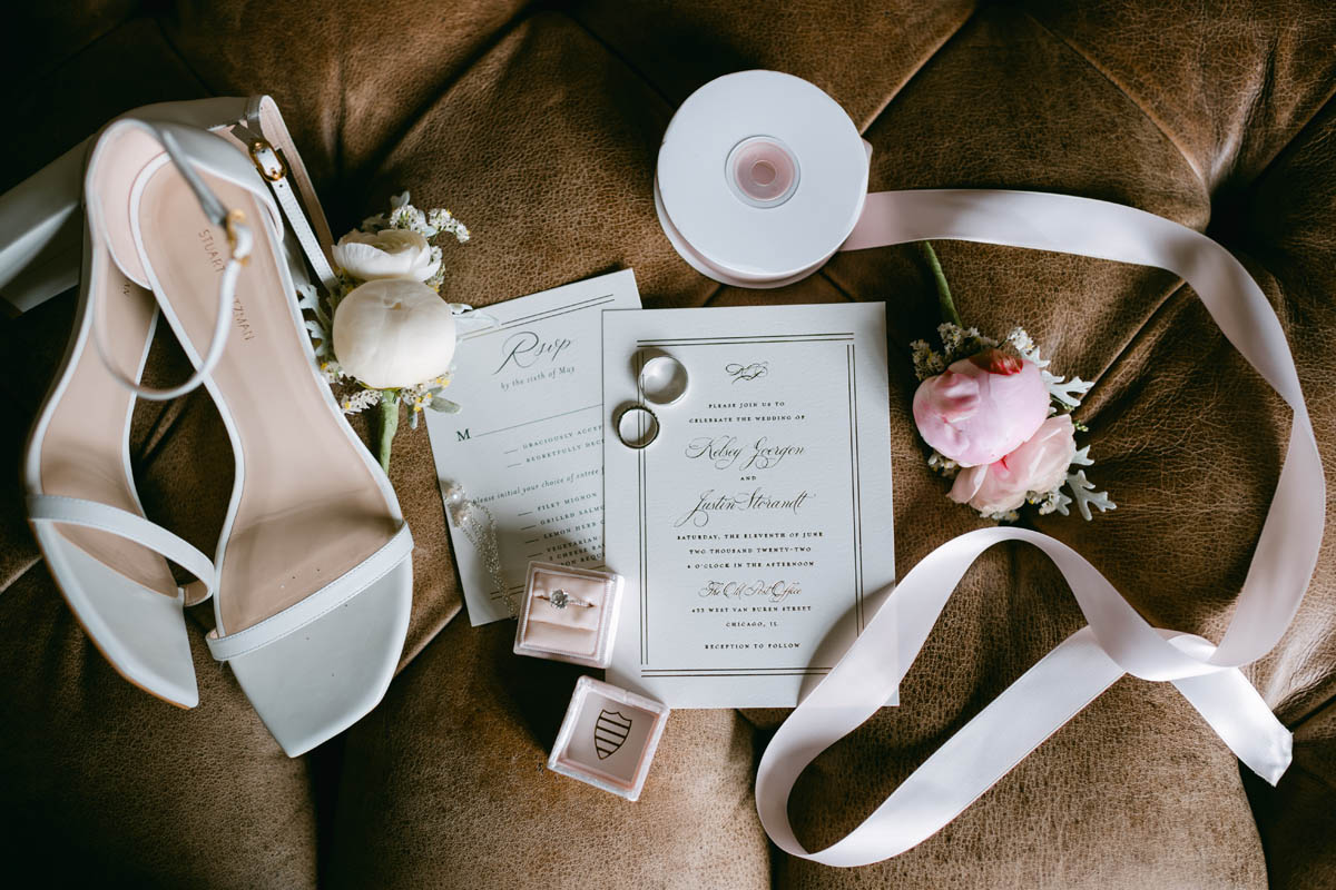 Wedding pink lay flat on leather.