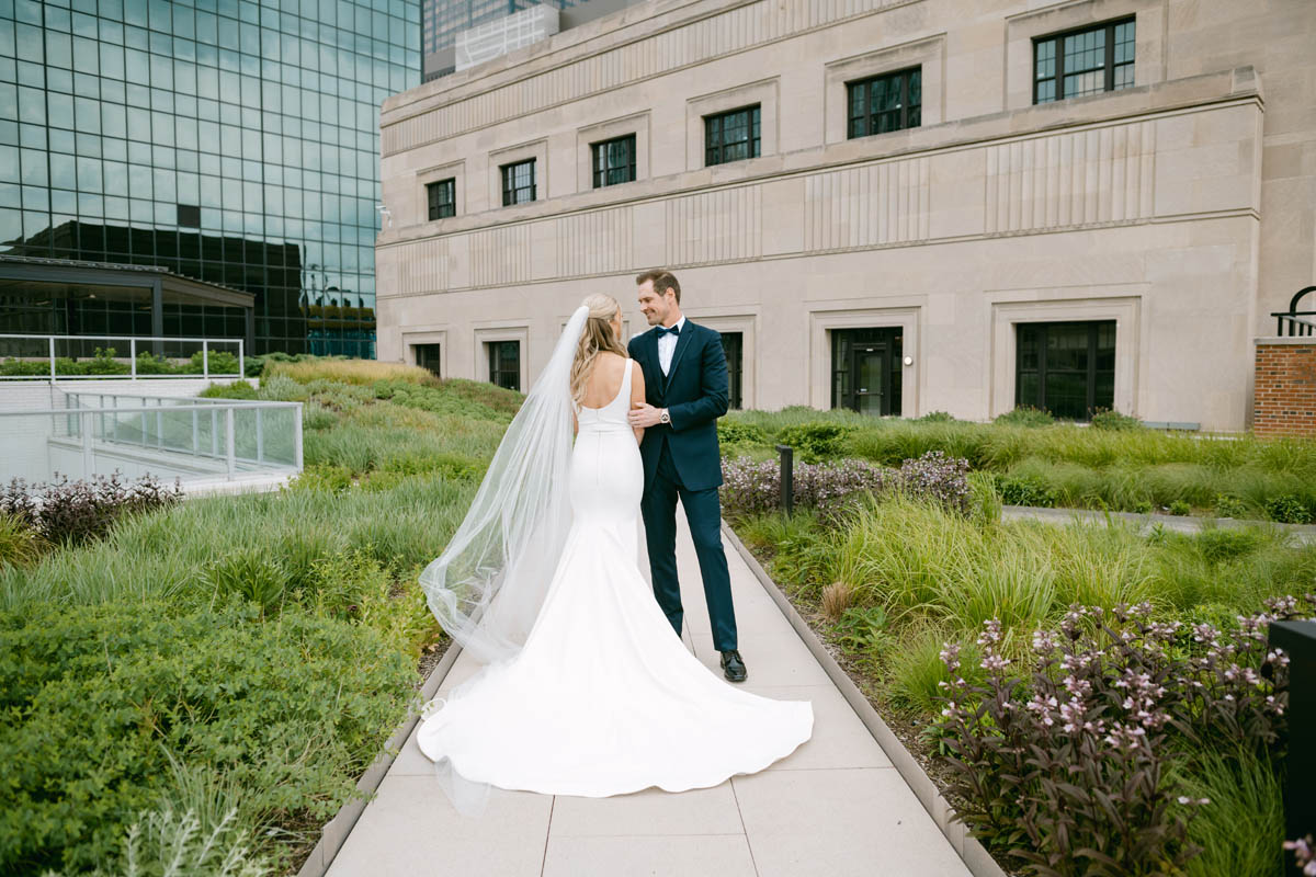 Couple posing at Old Post Office wedding.