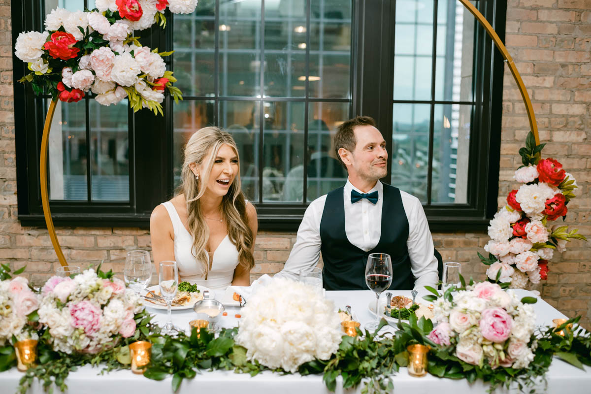 Couple toasting at wedding reception.