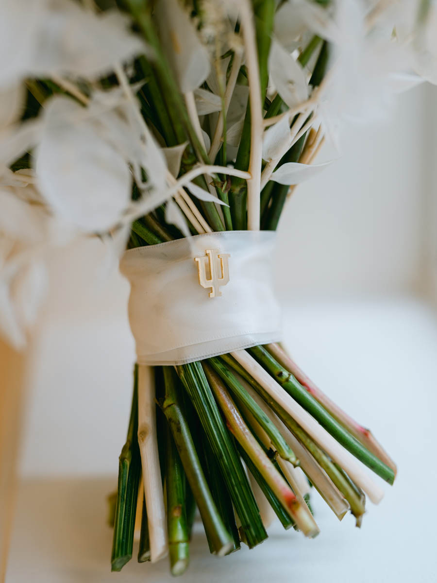 Wedding flowers with Indiana University pin