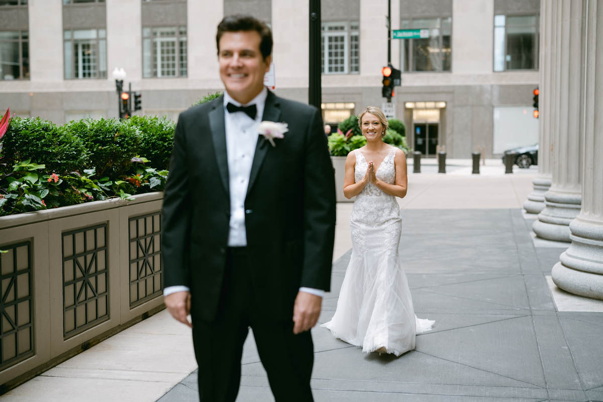 Bride and groom first look at the Chicago Board of Trade