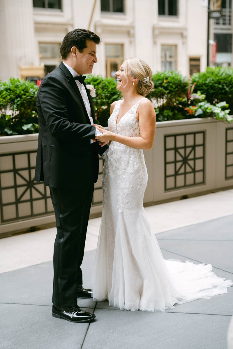 Bride and groom first look at the Chicago Board of Trade