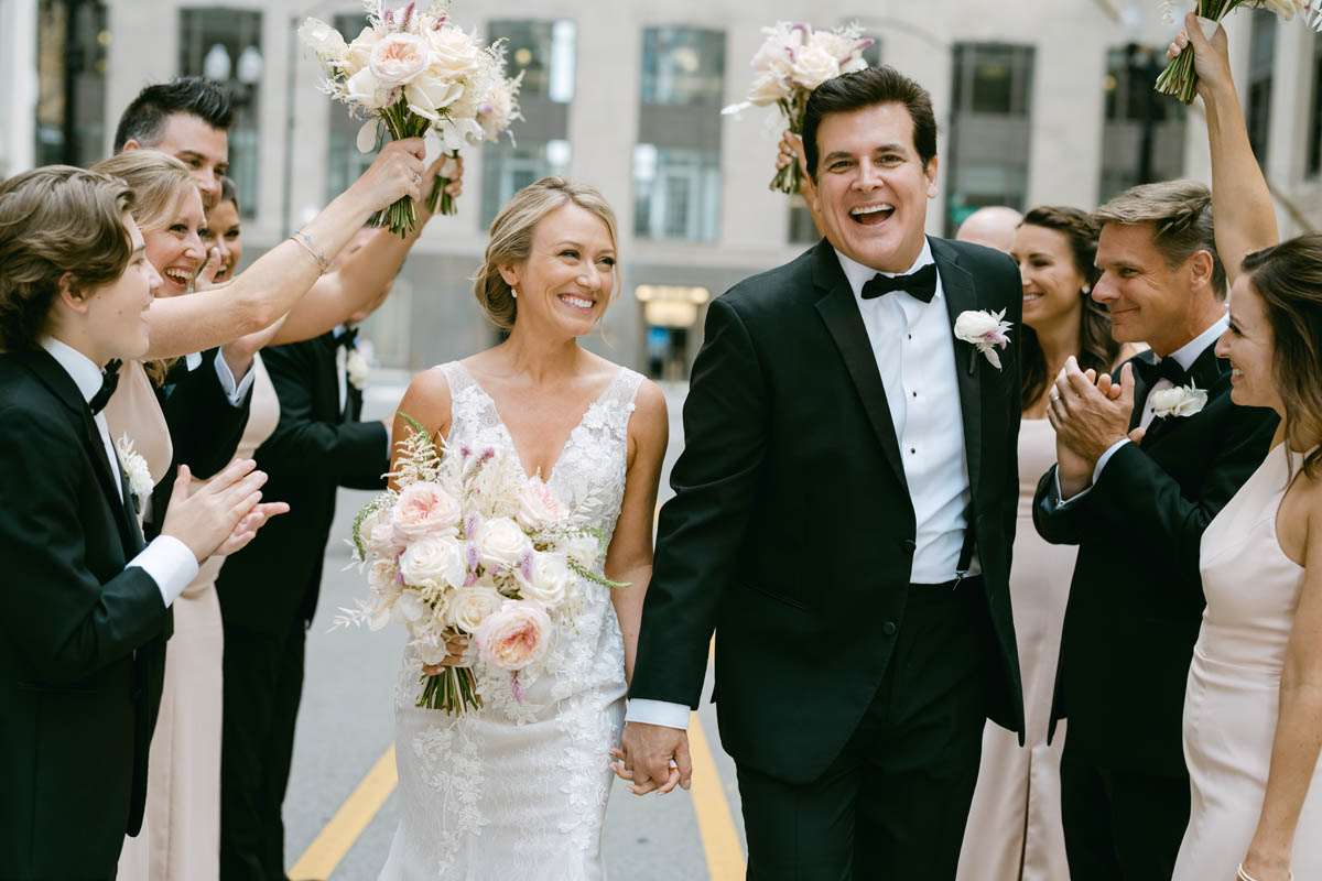 Bridal party posing for photos at the Chicago Board of Trade wedding
