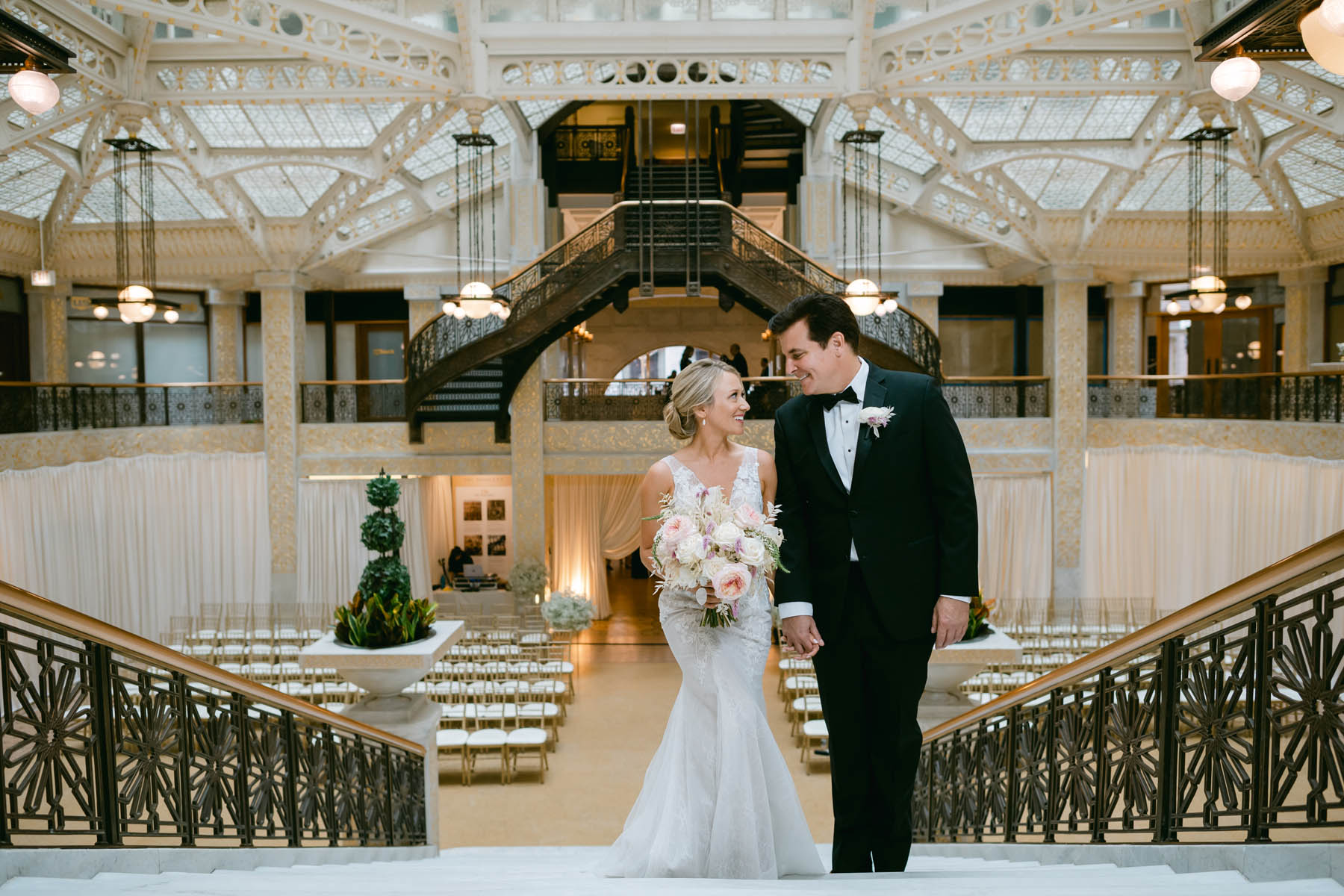 Bride and groom posing at Rookery Building wedding