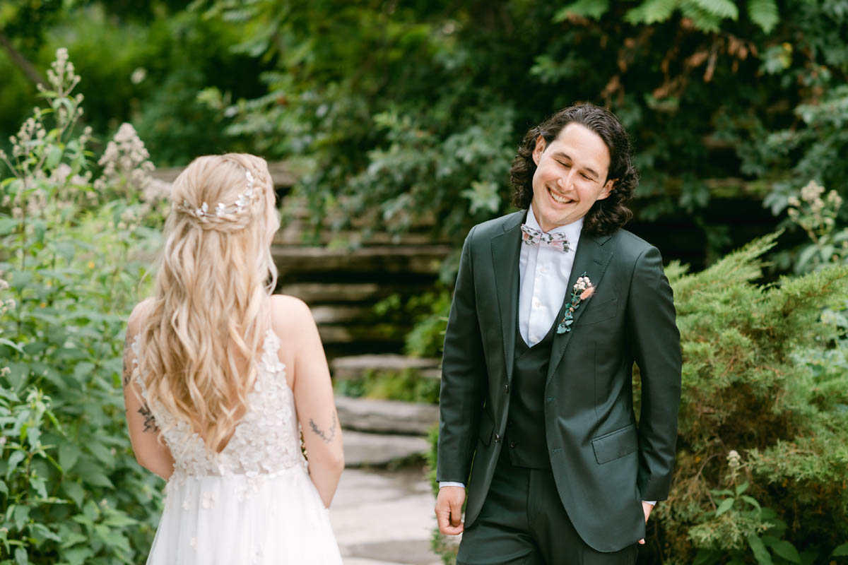 Bride and groom first look Lilly Pond Lincoln Park