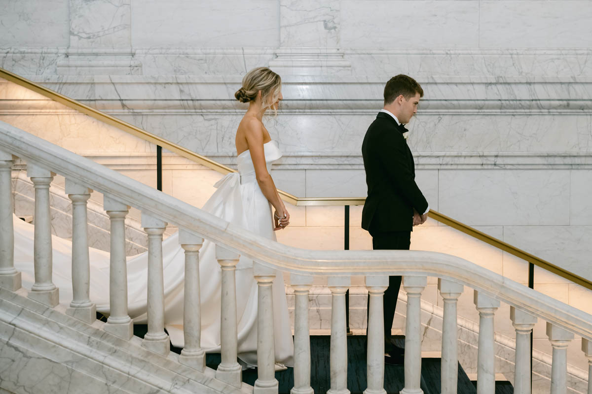 First look with groom at Kimpton Gray Hotel wedding