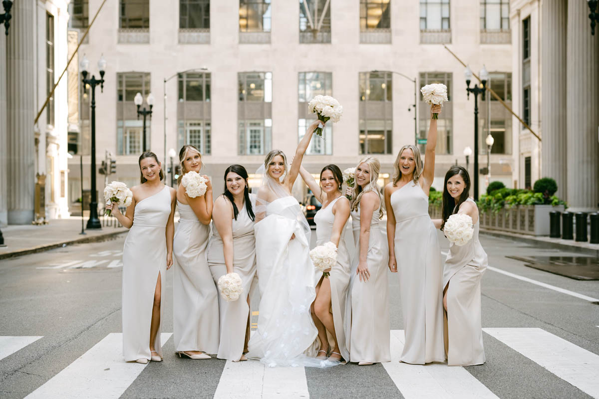 Bridesmaids in pink dresses at the Chicago Board of Trade