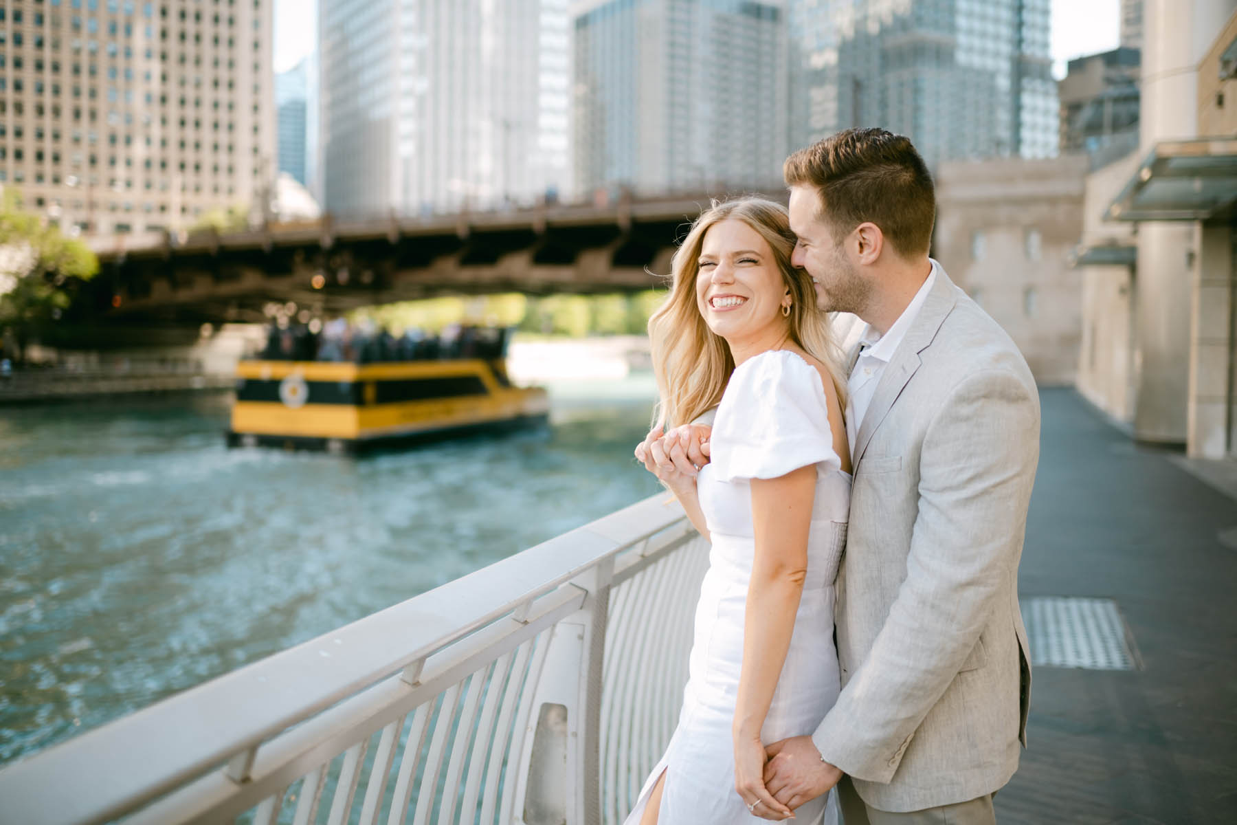 Light and bright wedding photographer chicago riverwalk engagement