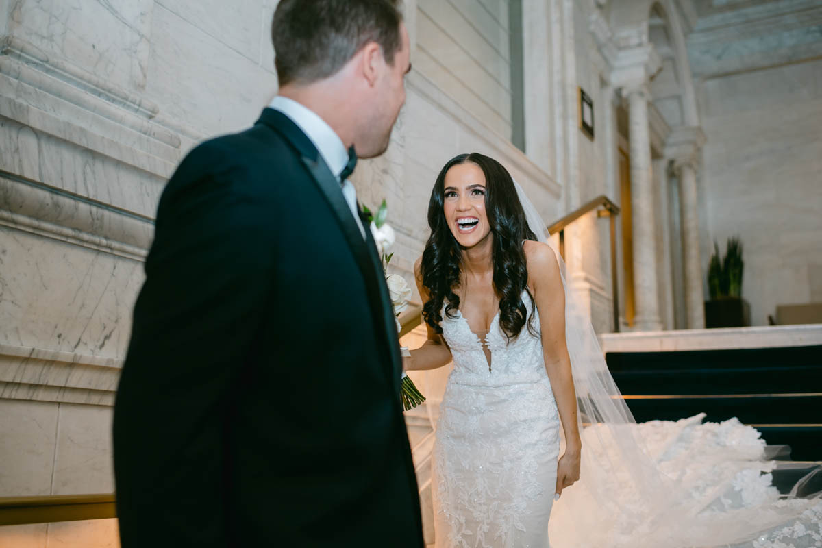 Bride and groom first look Fall Kimpton Gray wedding