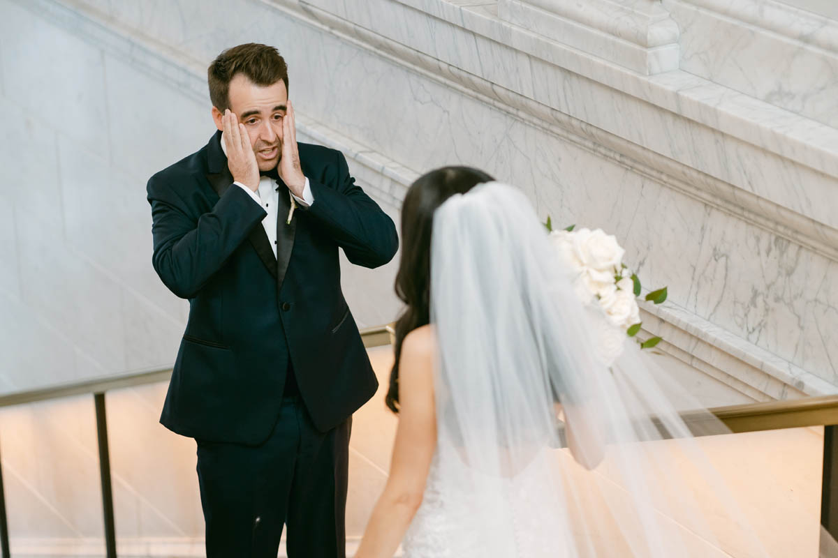 Bride and groom first look Fall Kimpton Gray wedding