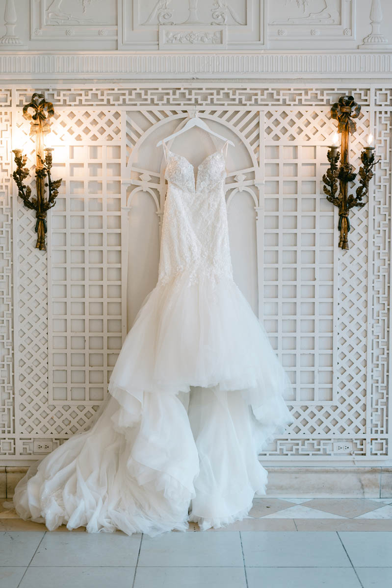 wedding dress hanging at armour house wedding