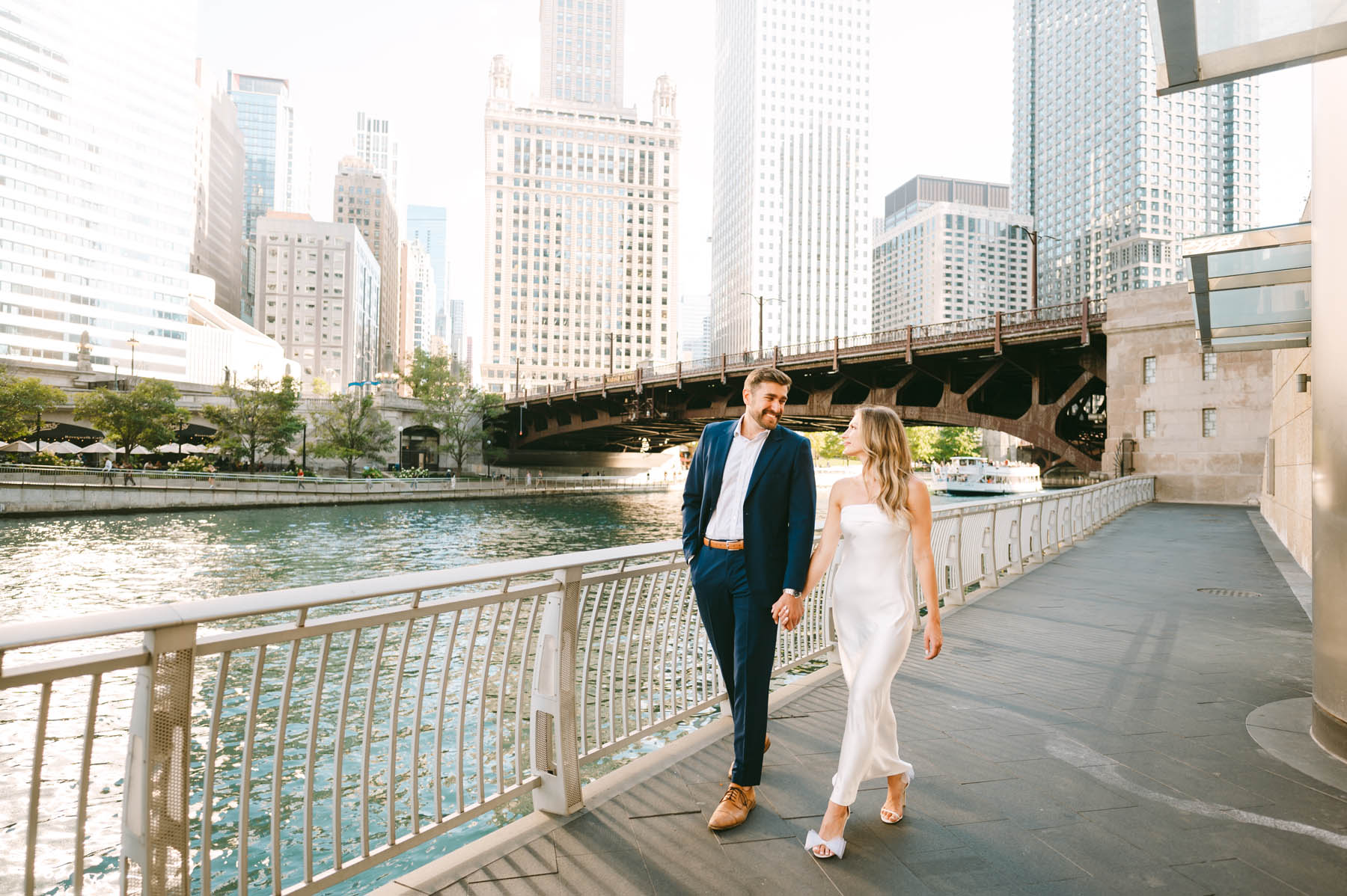light and bright photographer chicago riverwalk engagement