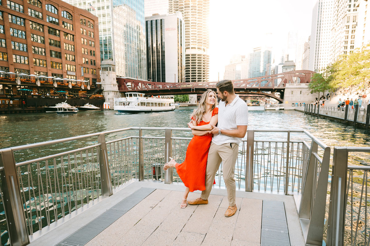 epic chicago riverwalk engagement spot light and bright photographer