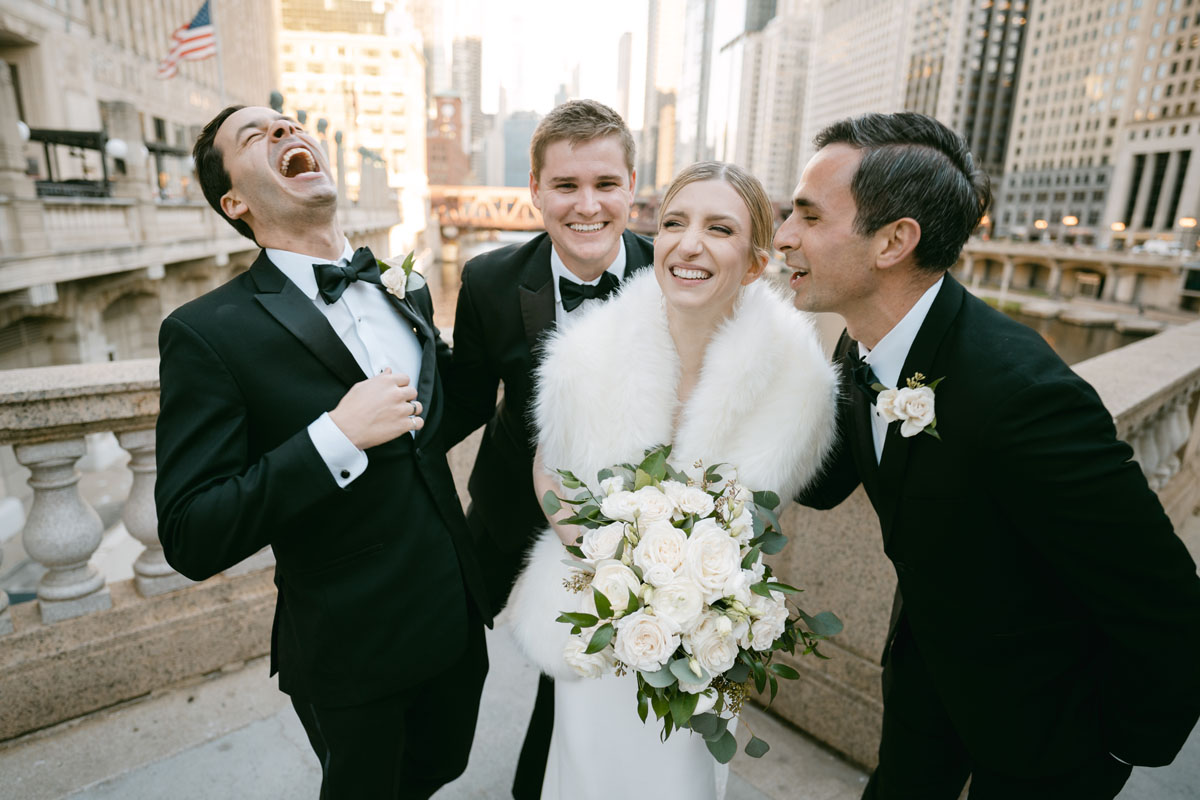 bridesmaids laughing at chicago riverwalk wedding