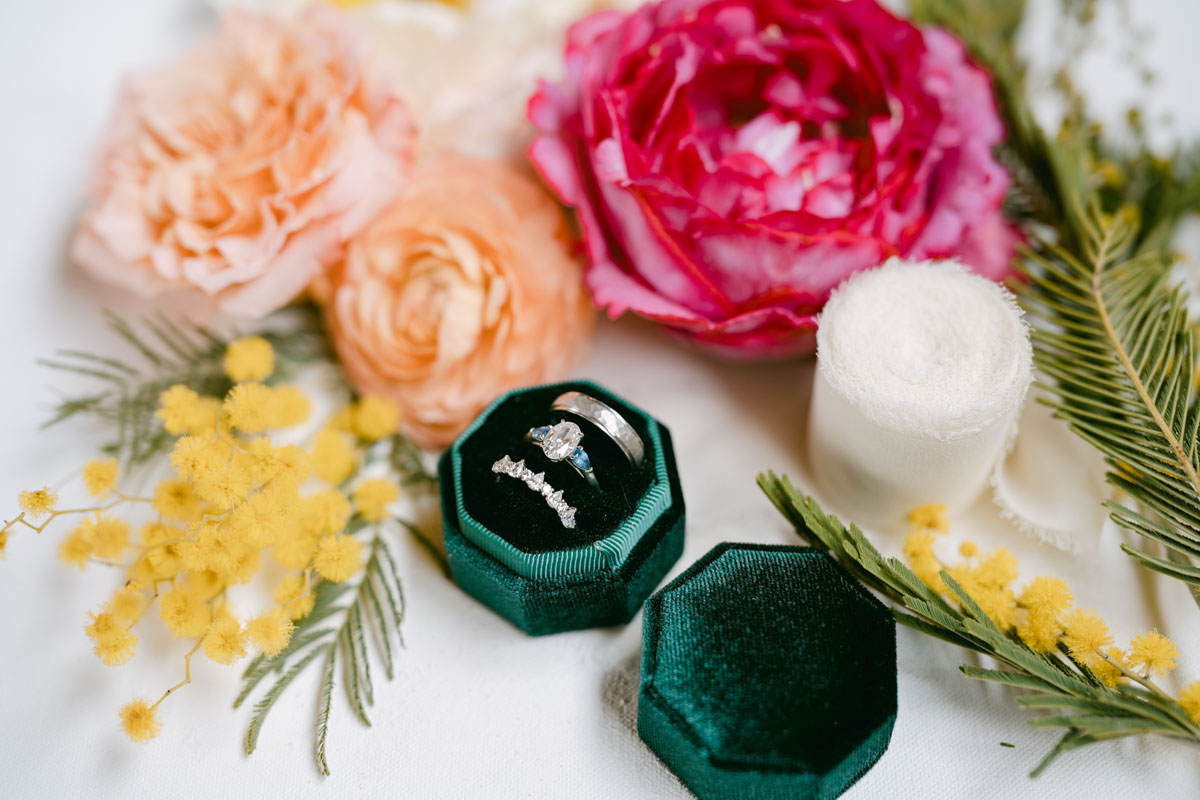 emerald green ring box with tropical flowers