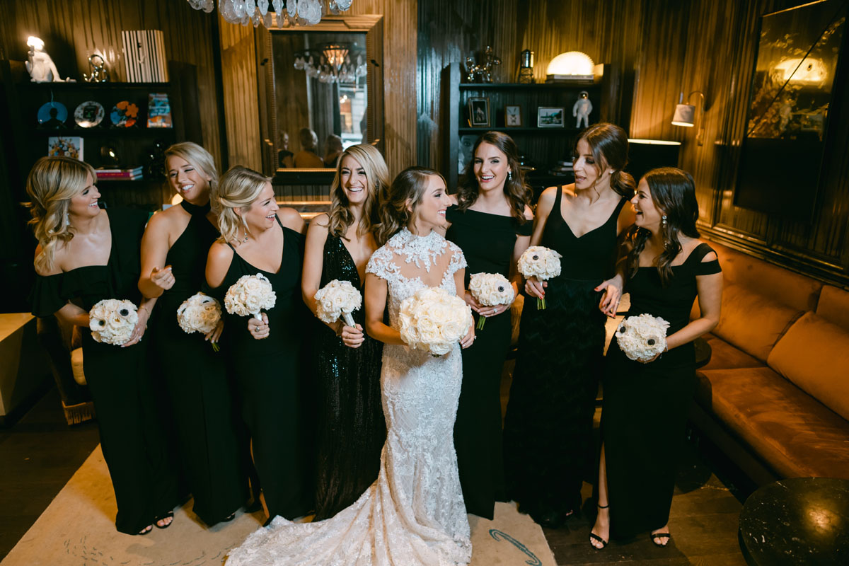 bridesmaids in black dresses talbott hotel wedding