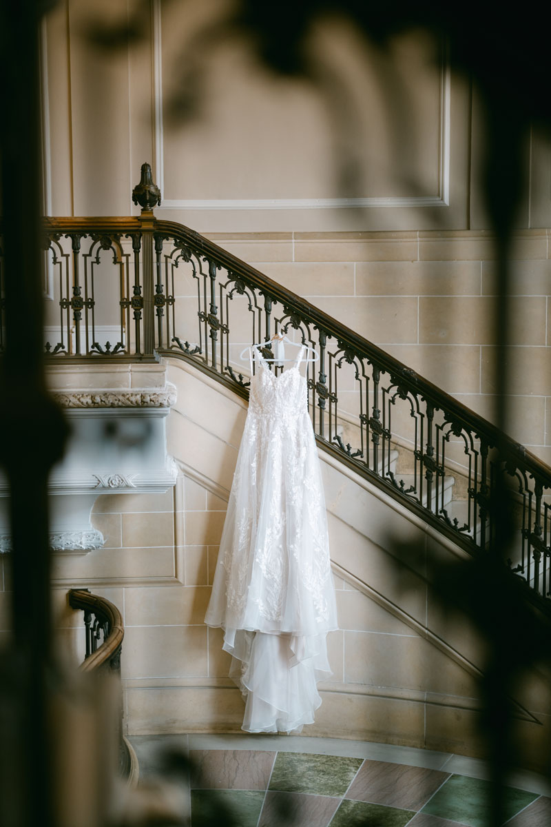 wedding dress hanging at armour house wedding