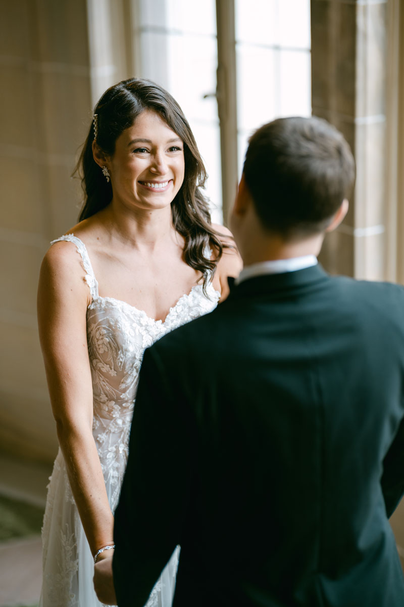 bride and groom first look at armour house wedding