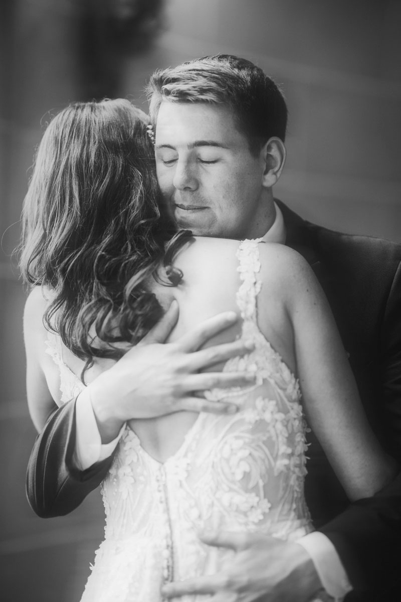 bride and groom first look black and white wedding photography