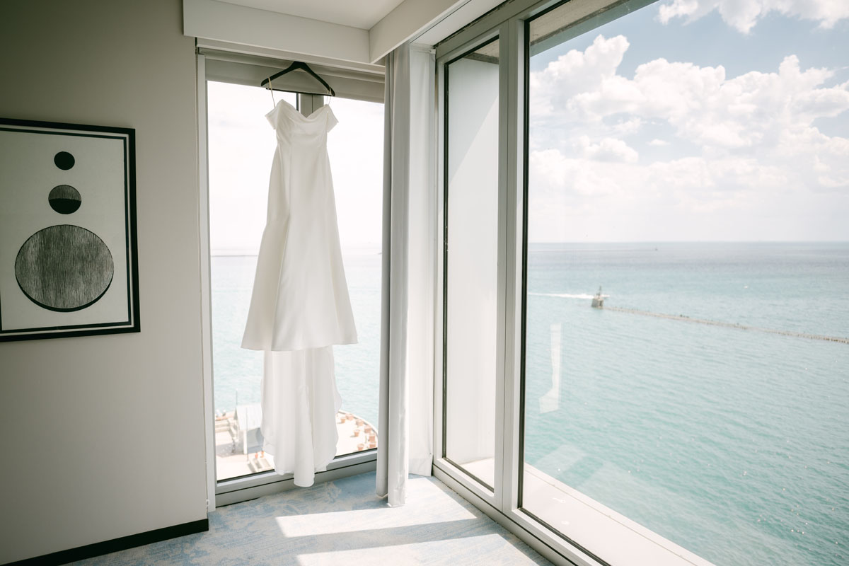 wedding dress hanging at sable hotel chicago wedding