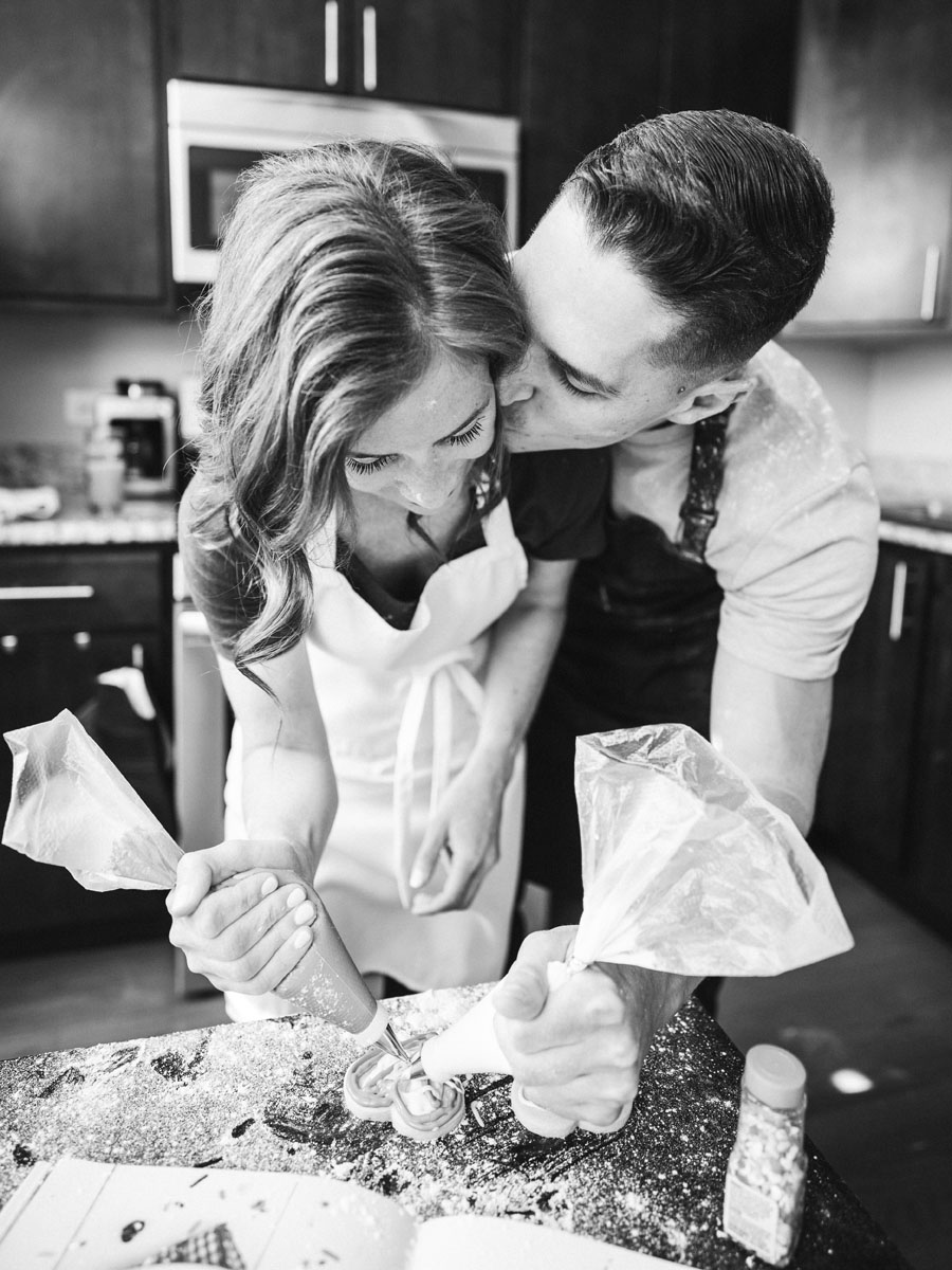 baking cookies engagement shoot black and white photography