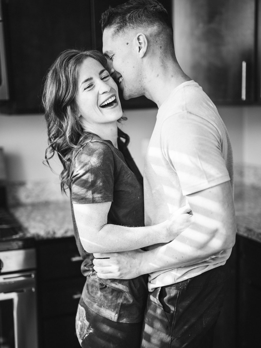 baking cookies engagement shoot black and white photography