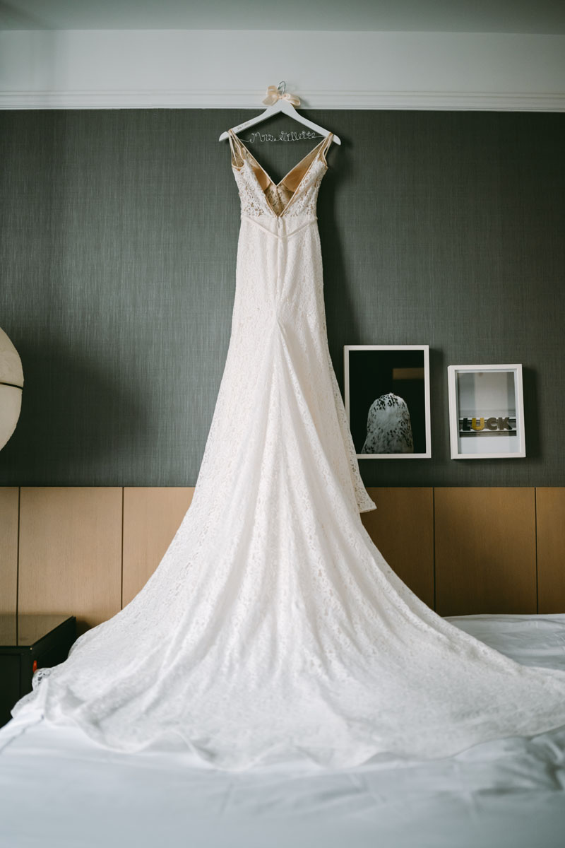 wedding dress hanging at Kimpton Gray wedding Chicago