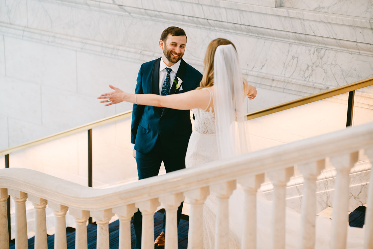 bride and groom first look at kimpton gray wedding