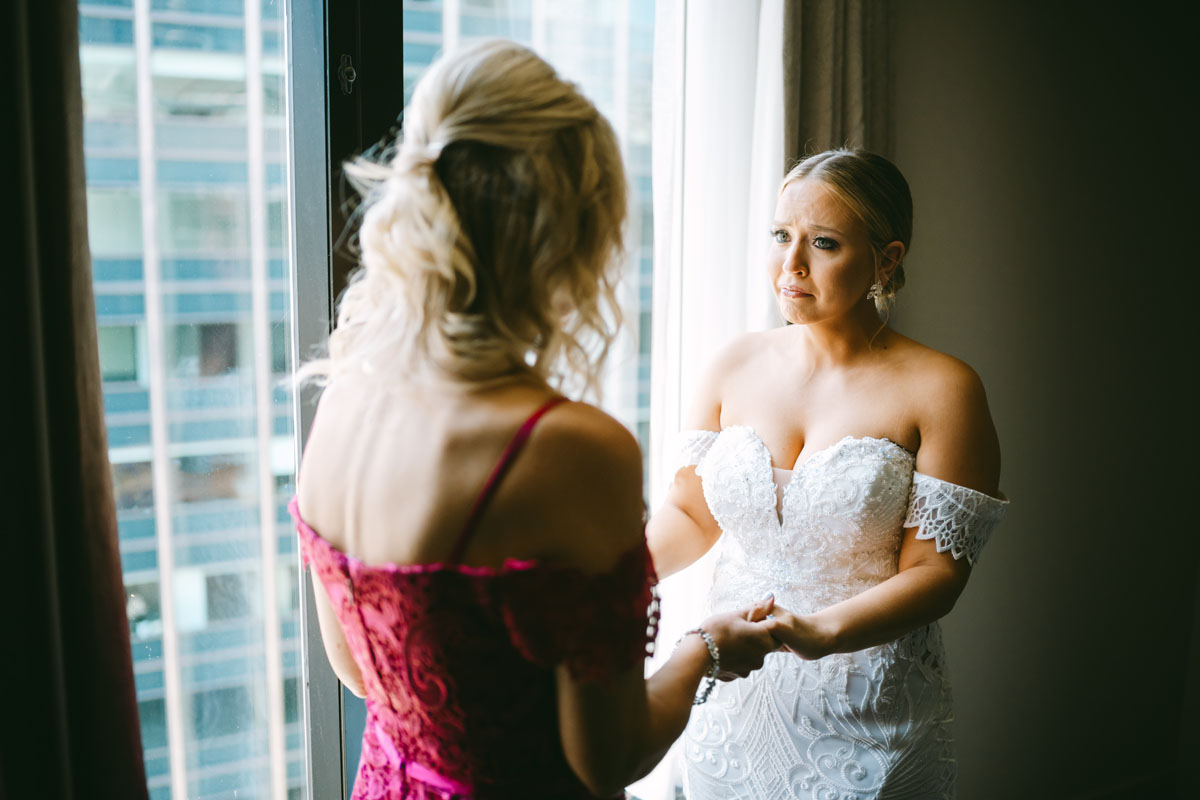 bride with mom on wedding day