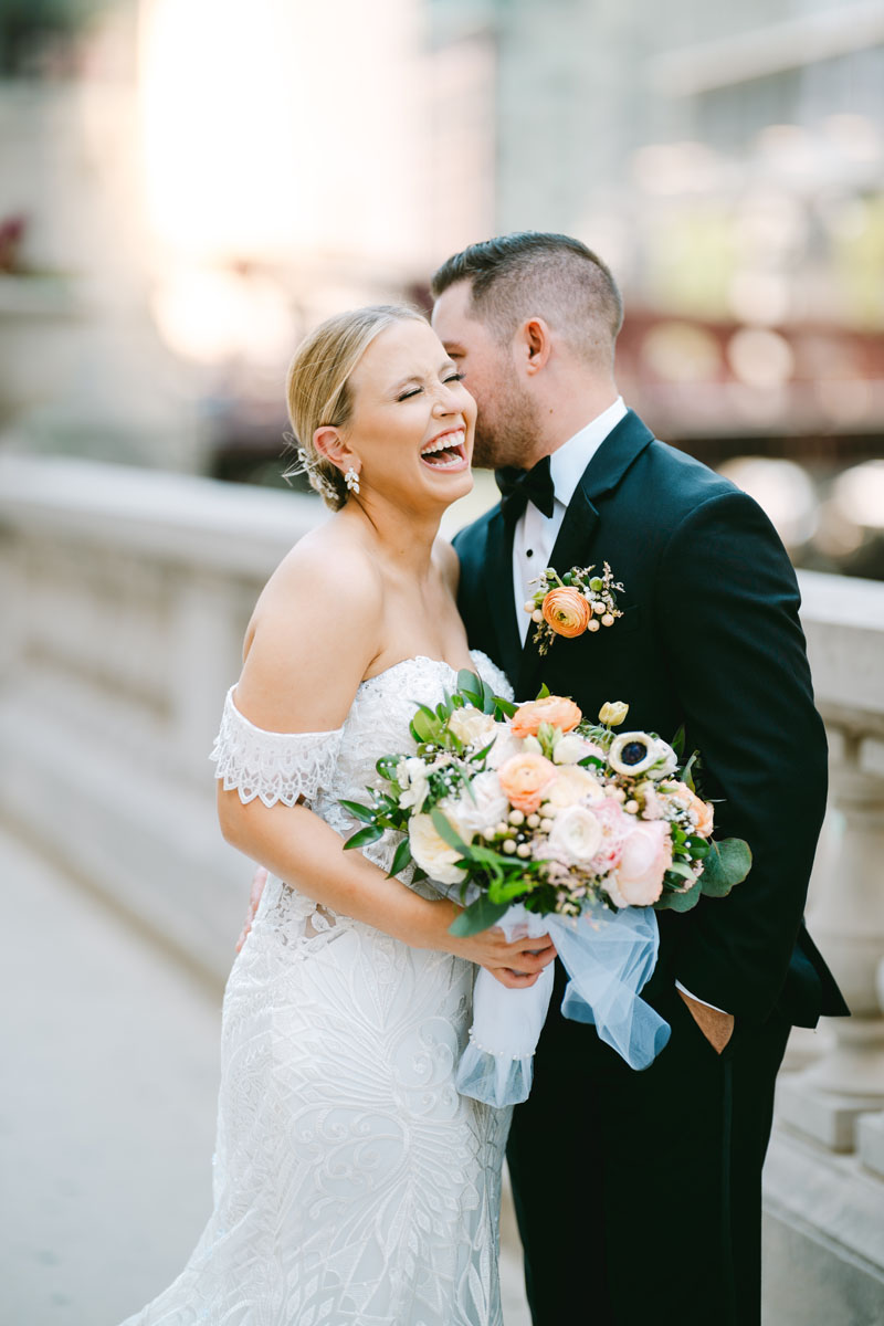 light and bright chicago riverwalk wedding photos bride and groom first look