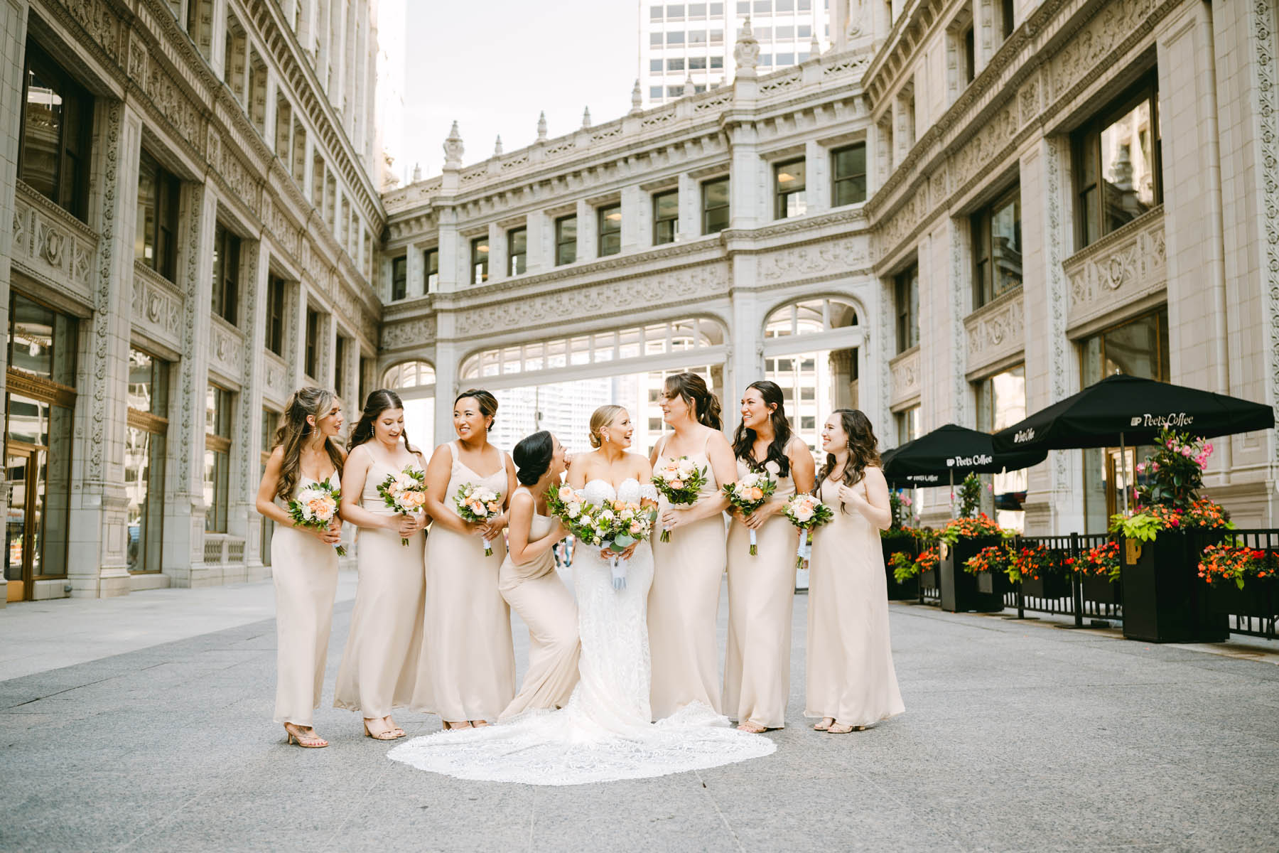 wrigley building wedding bridesmaids in pink dresses
