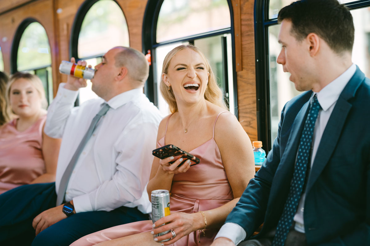 bridesmaid on trolley laughing