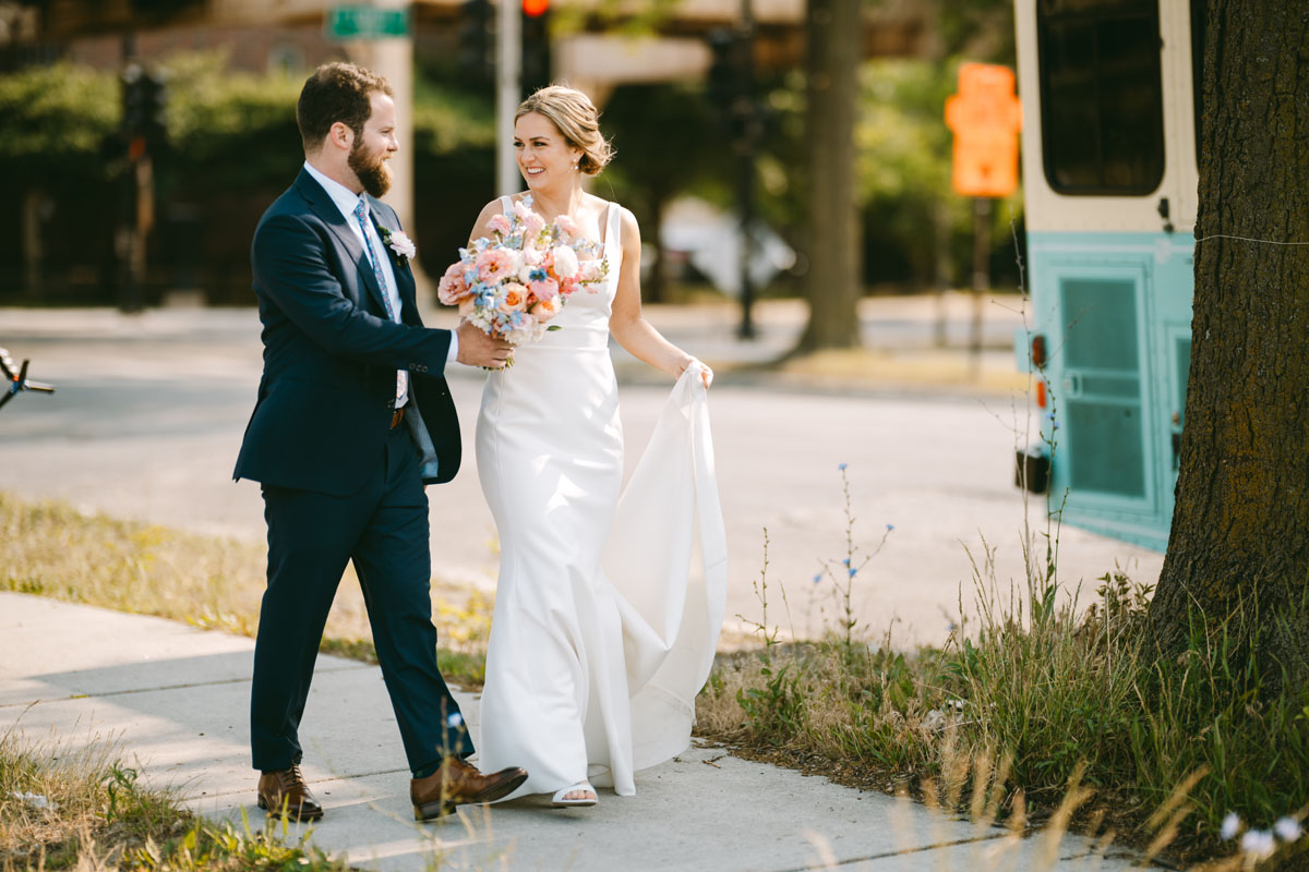 light and bright chicago wedding blue trolley