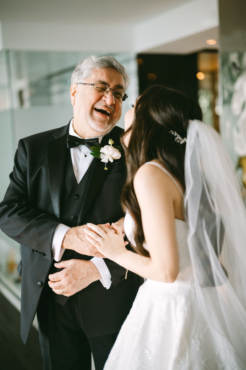 bride with dad getting ready at W Hotel wedding Chicago