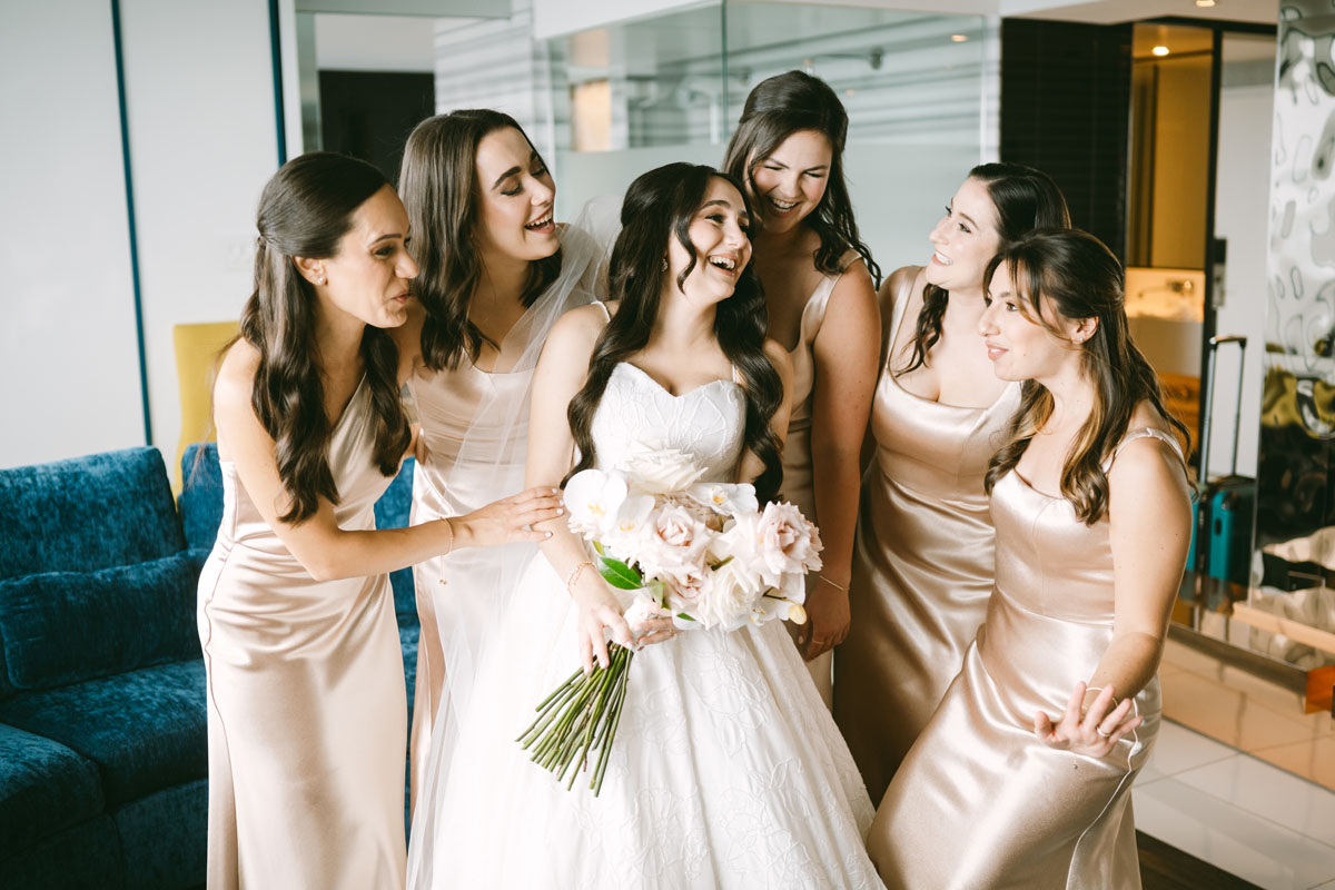 bridesmaids in pink dresses at W Hotel wedding Chicago